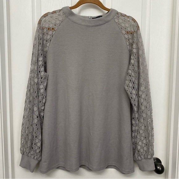 Miholl Waffle Knit Long Sleeve Lace Shirt Gray Blouse Size XXL - Picture 1 of 10